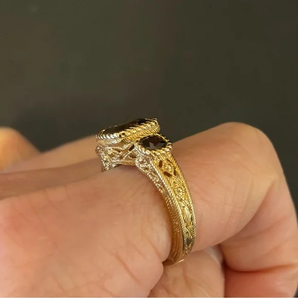Judith Ripka Estate-Inspired 3 Stone Smoky Quartz Ring, 14K Gold-Clad, size 7